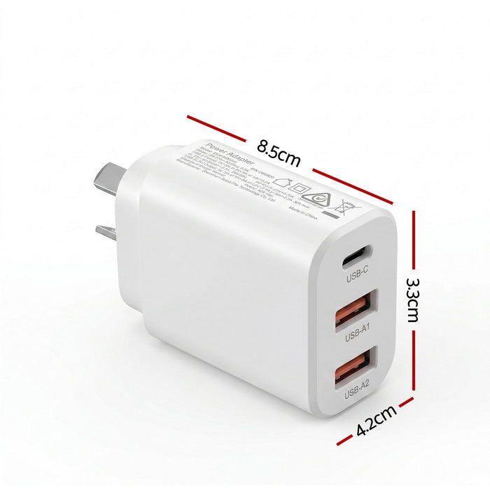 Devanti USB C Charger 30W Fast Charger 3 Port PD Charging Block White