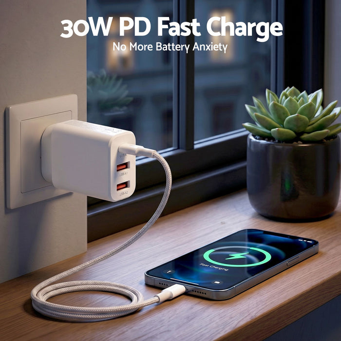 Devanti USB C Charger 30W Fast Charger 3 Port PD Charging Block White