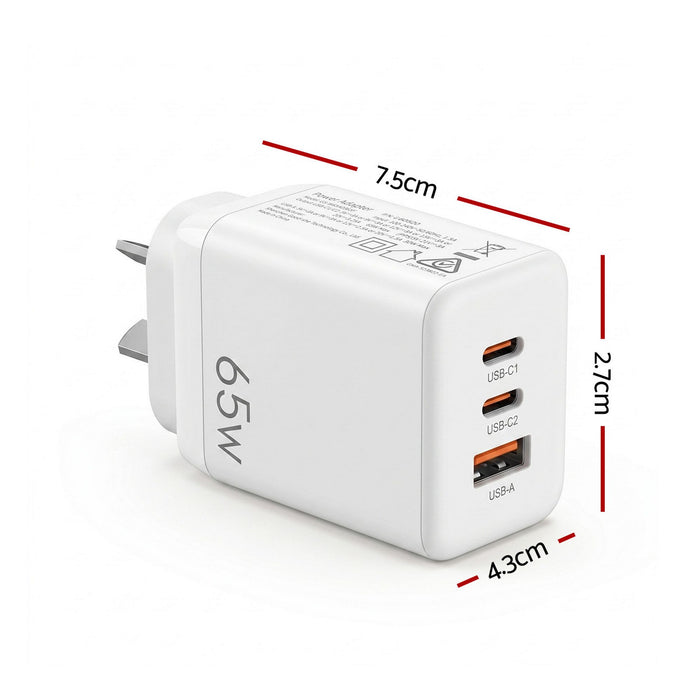 Devanti USB C Charger 65W Fast Charger 3 Port PD Wall Adapter White