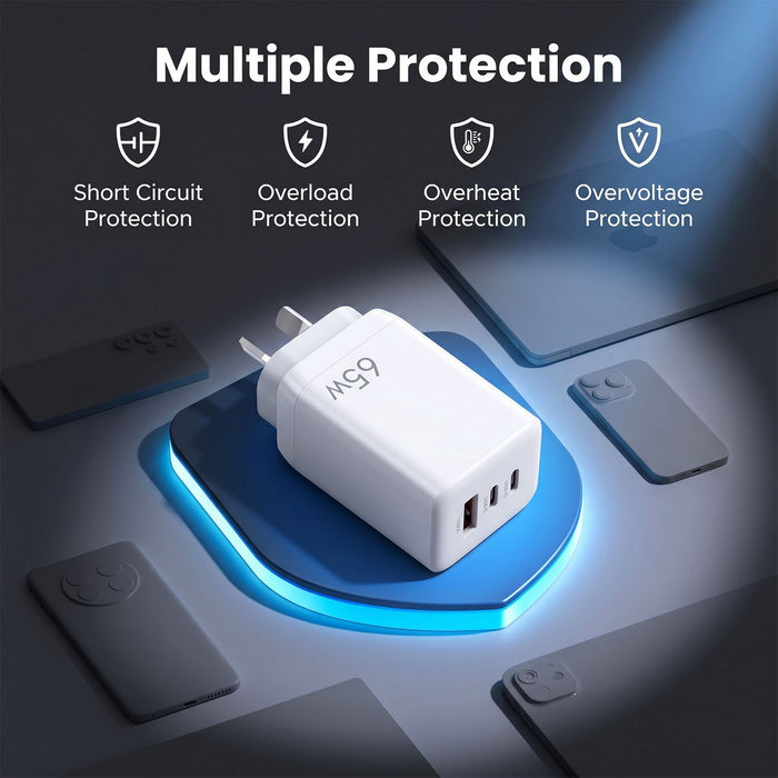 Devanti USB C Charger 65W Fast Charger 3 Port PD Wall Adapter White