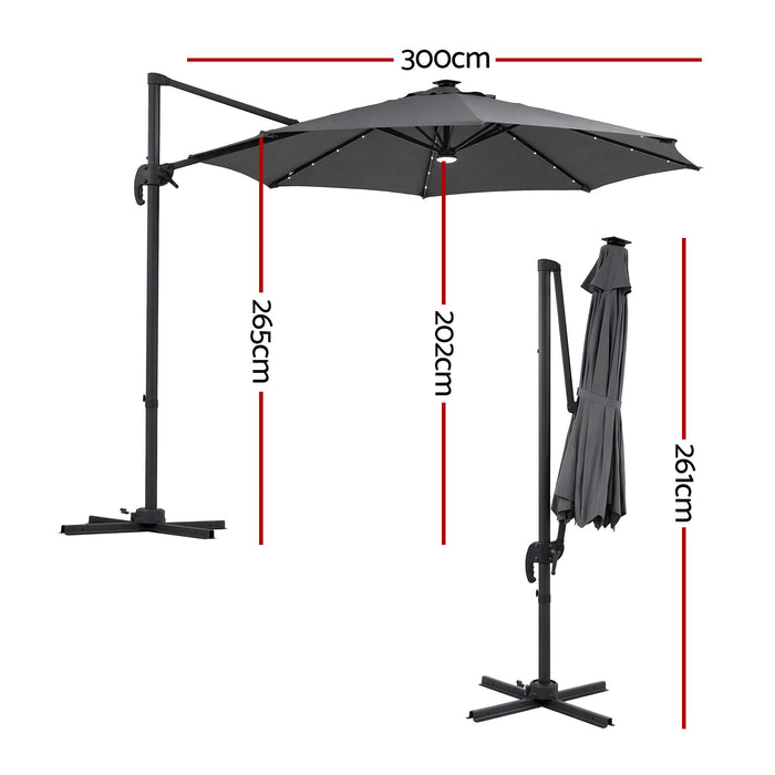Instahut Outdoor Umbrella 3m Solar LED Offset Cantilever Patio Parasol Charcoal