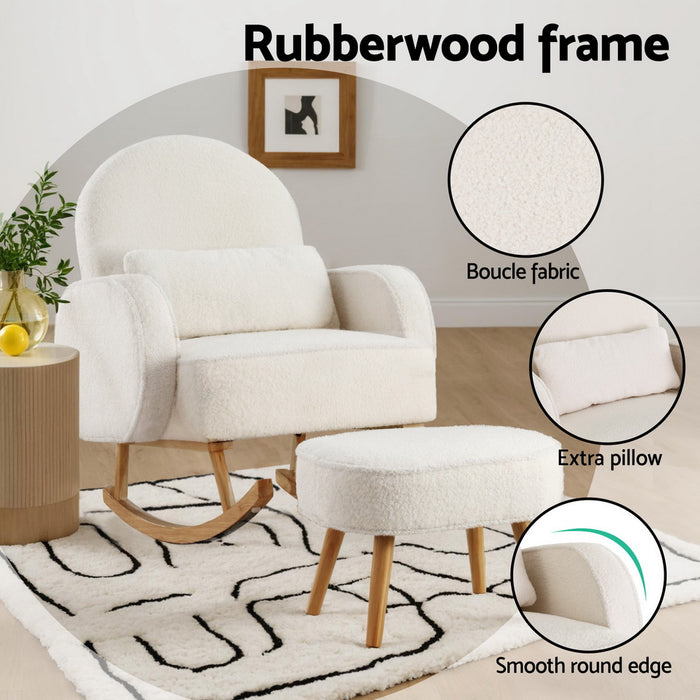 Artiss Armchair Rocking Chair Ottoman Lounge Footrest Round Nursing Boucle White