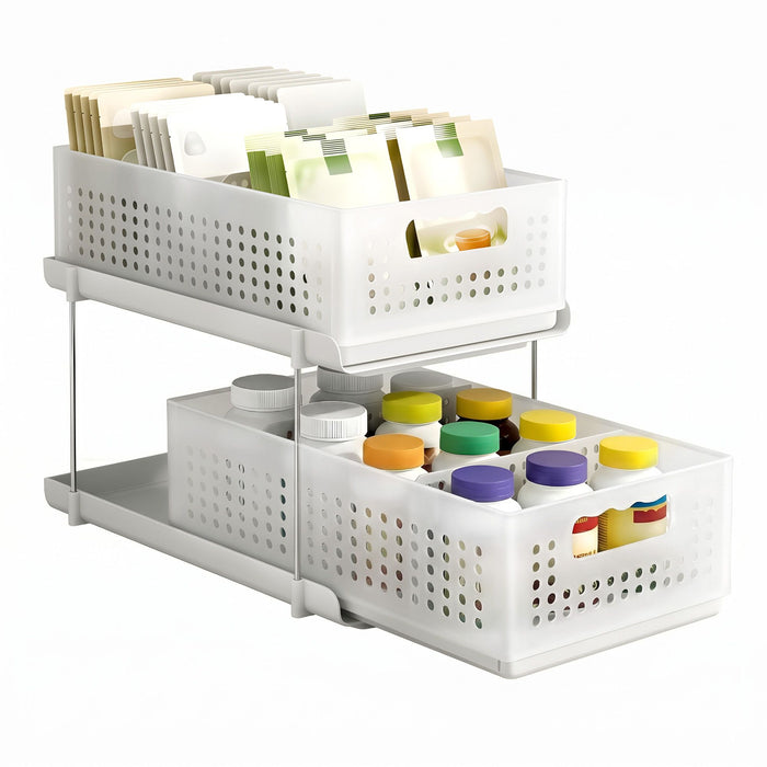 Artiss Under Sink Organizer 2 Tier Pull Out Drawer with Removable Baskets & Divider White