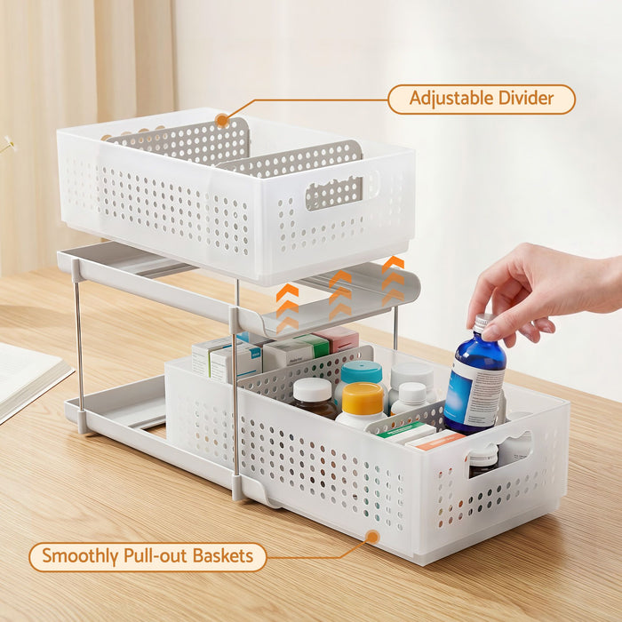Artiss Under Sink Organizer 2 Tier Pull Out Drawer with Removable Baskets & Divider White