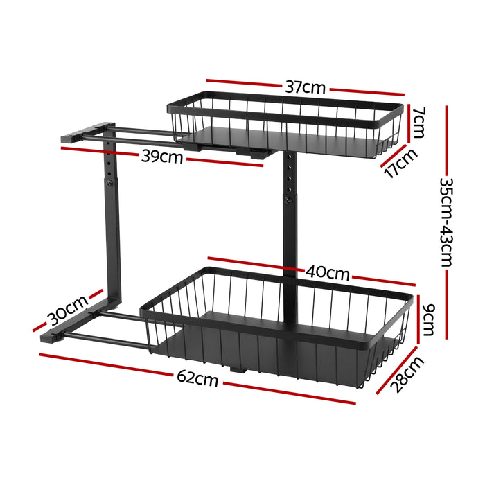 Artiss Under Sink Organizer Storage with 2 Slide Out Drawers 5 Adjustable Height Bathroom Kitchen Cabinet Black