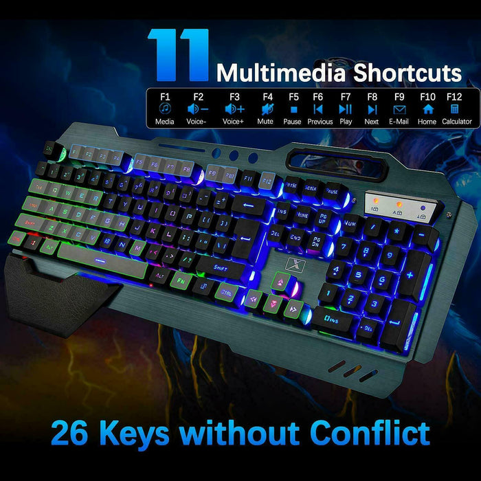 104 Keys Wireless Gaming Keyboard Mouse Set+Mouse Pad, RGB LED Backlit PC/Laptop Black-Rainbow