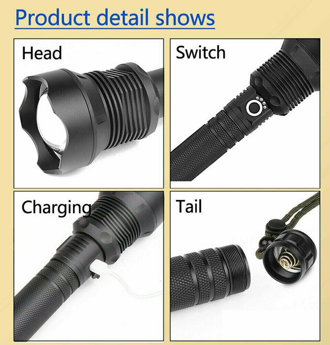 99000LM Ultra Bright LED Tactical Flashlight 3-Modes Zoom Torch USB Charging
