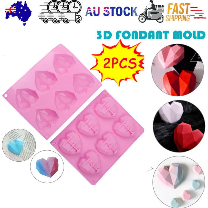 2PCS DIY 3D Fondant Mold Silicone Heart Shape Candy Cake Chocolate Mould Sugar Craft