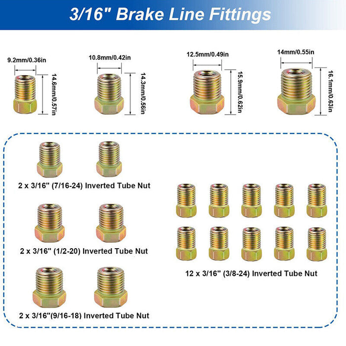 2 Packs 3/16 inch Brake Line Kit 25Ft Tube Rolls Zinc Steel with 32 Fittings NEW
