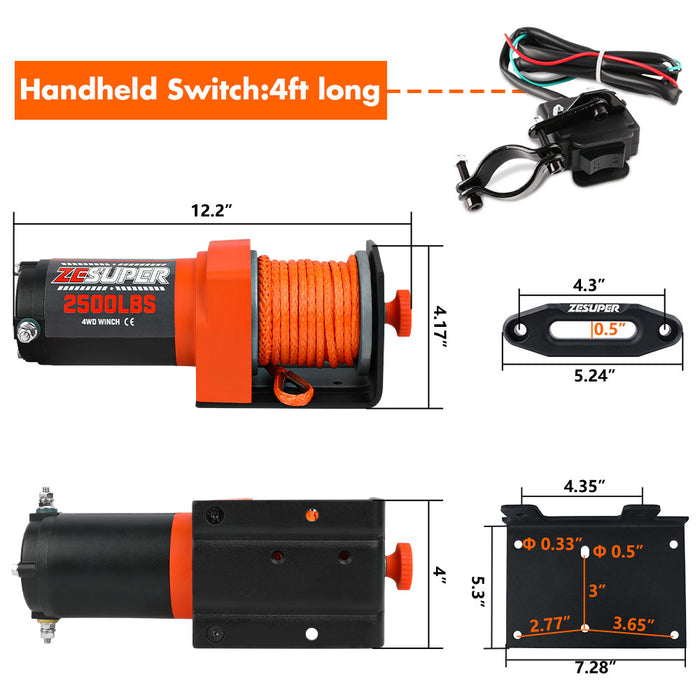 ZESUPER 12V Electric Winch 2500lbs Synthetic Rope Wireless Remote ATV UTV BOAT