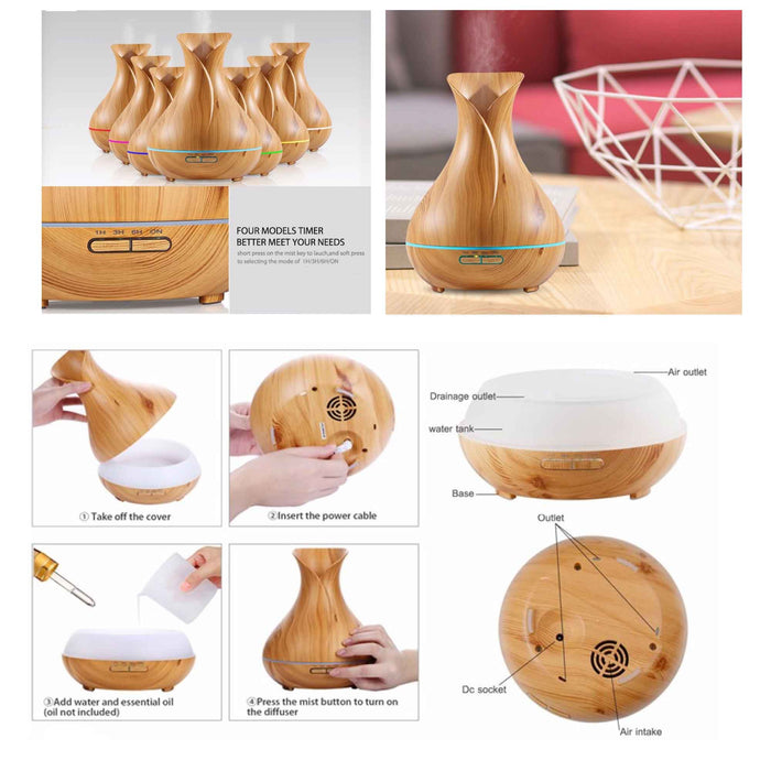 Essential Oil Aroma Diffuser Tulip Light Wood  -Ultrasonic Mist Humidifier