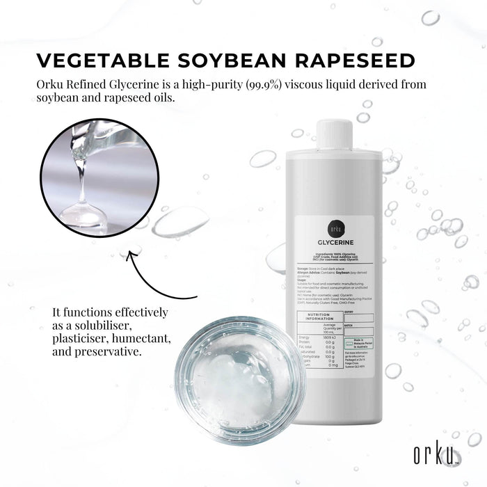 Orku 1L Glycerine 99.9% Pure USP Food + Cosmetic Grade â€?Vegetable Glycerol