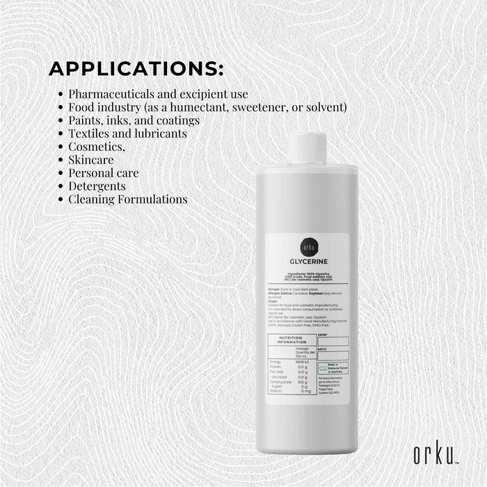 Orku 1L Glycerine 99.9% Pure USP Food + Cosmetic Grade â€?Vegetable Glycerol