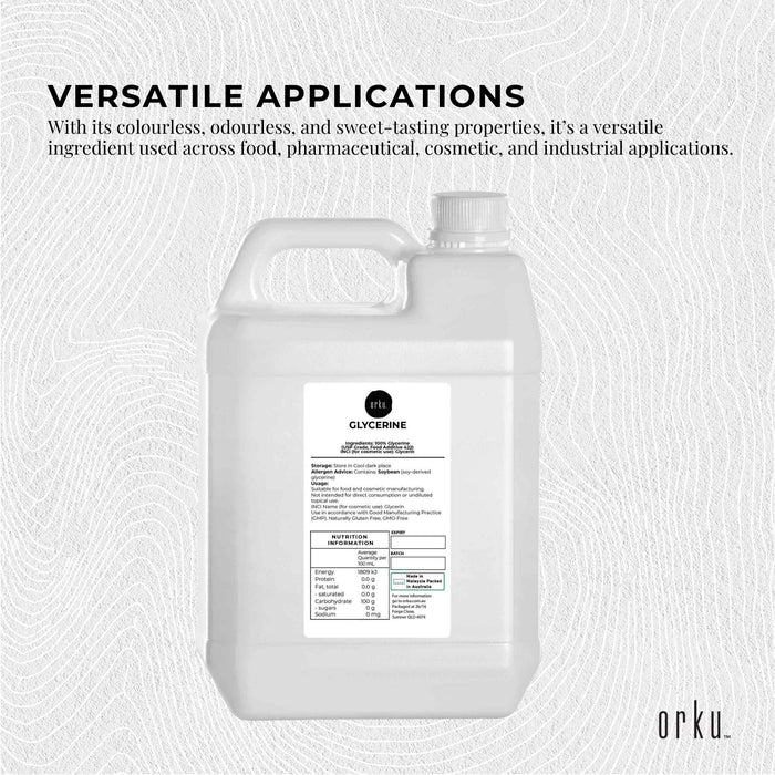 Orku 5L Glycerine 99.9% Pure USP Food + Cosmetic Grade â€?Vegetable Glycerol
