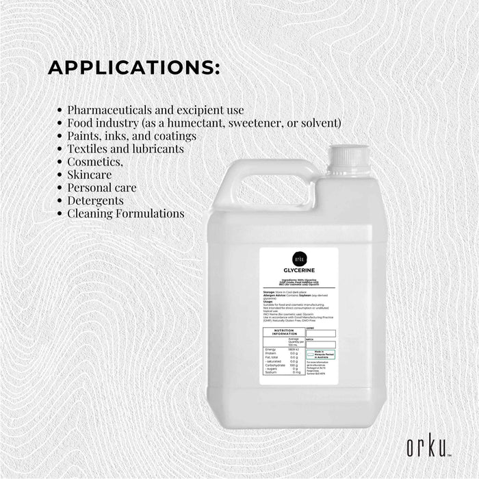 Orku 5L Glycerine 99.9% Pure USP Food + Cosmetic Grade â€?Vegetable Glycerol