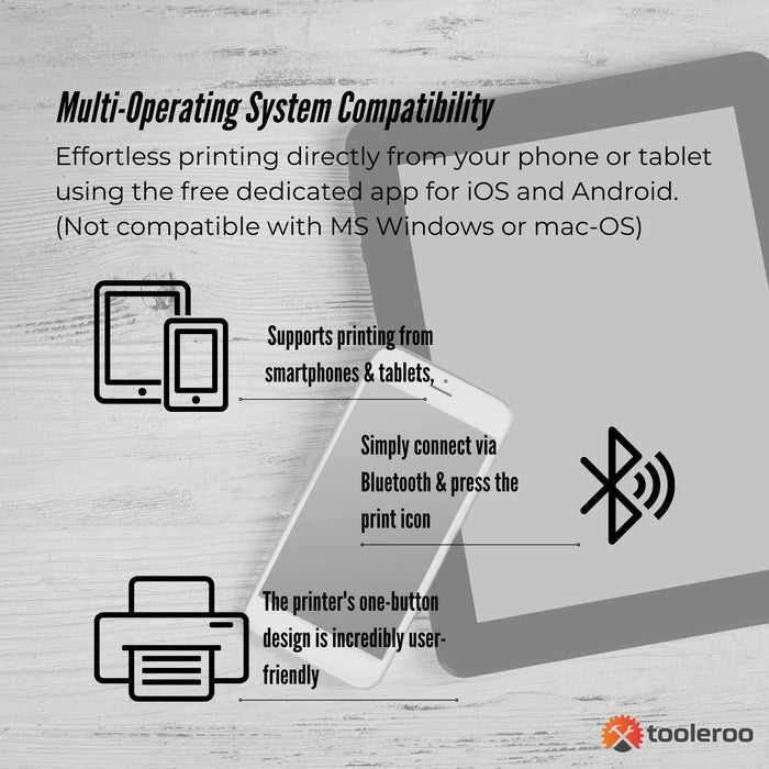 Tooleroo Portable A4 Thermal Printer White + Paper Kit - Wireless and Inkless