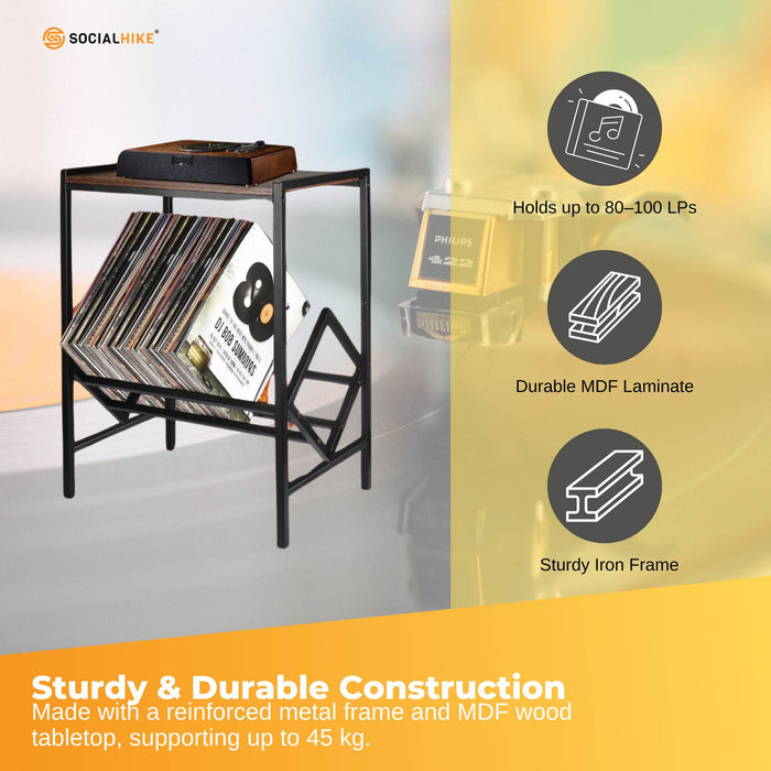 Social Hike Turntable Player Stand & Vinyl LP Record Album Storage - Black Metal
