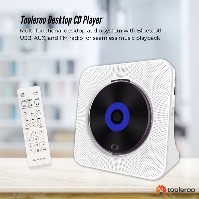 Tooleroo USB Rechargeable Desktop CD Player Speaker â€?Bluetooth Portable White