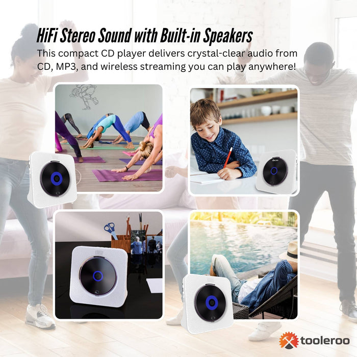 Tooleroo USB Rechargeable Desktop CD Player Speaker â€?Bluetooth Portable White