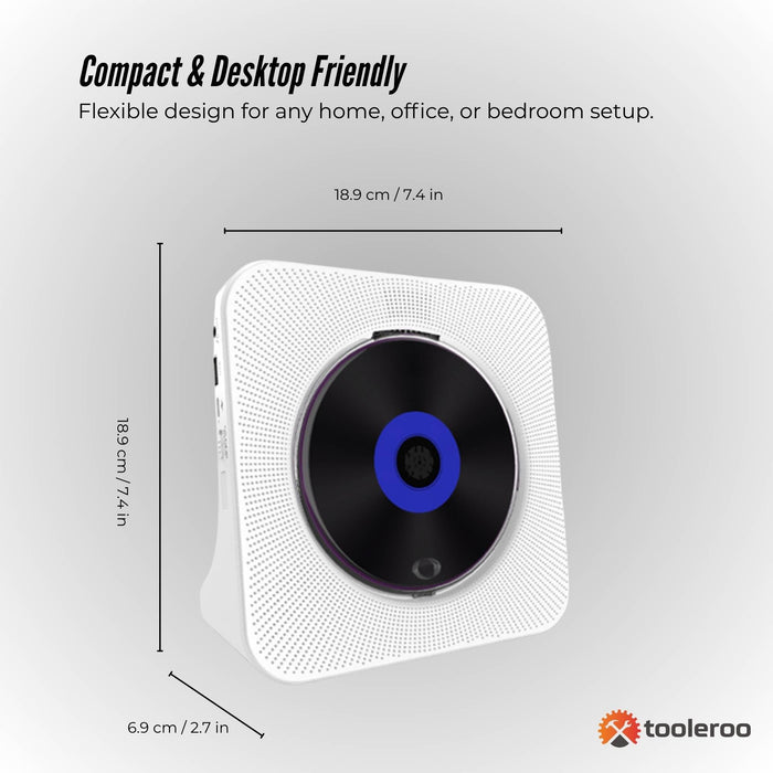 Tooleroo USB Rechargeable Desktop CD Player Speaker â€?Bluetooth Portable White