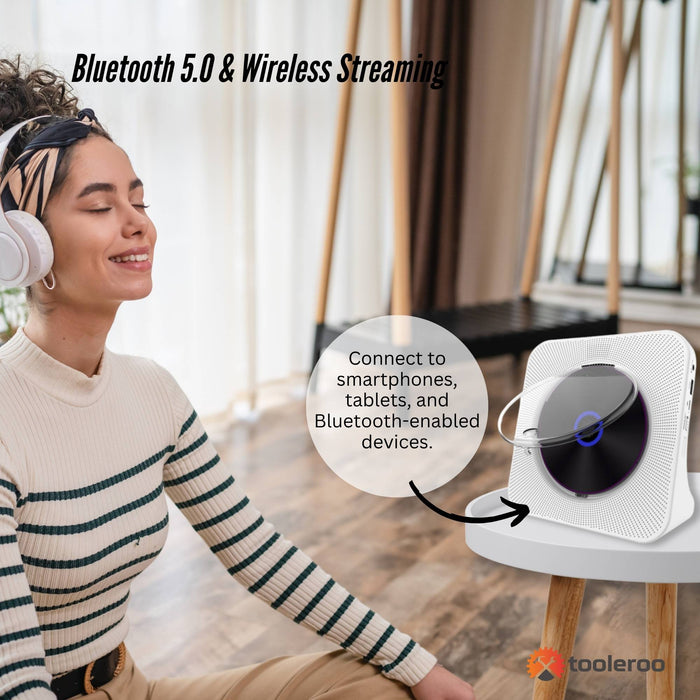 Tooleroo USB Rechargeable Desktop CD Player Speaker â€?Bluetooth Portable White