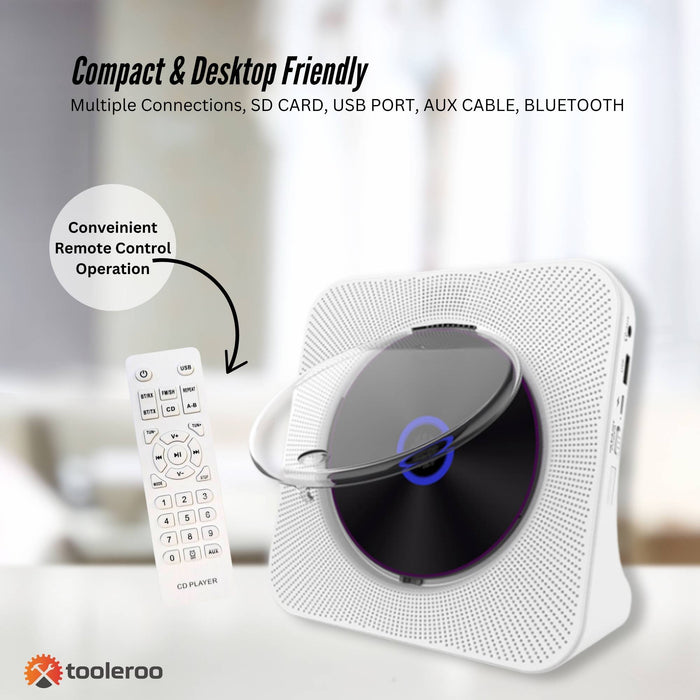 Tooleroo USB Rechargeable Desktop CD Player Speaker â€?Bluetooth Portable White