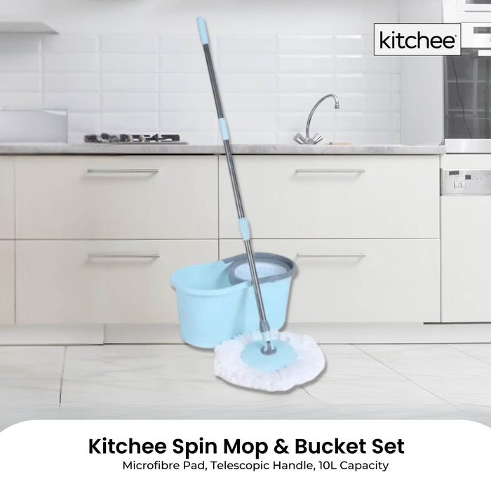 Kitchee Spin Mop & Bucket Set â€?Microfibre Pad, Telescopic Handle, 10L Capacity