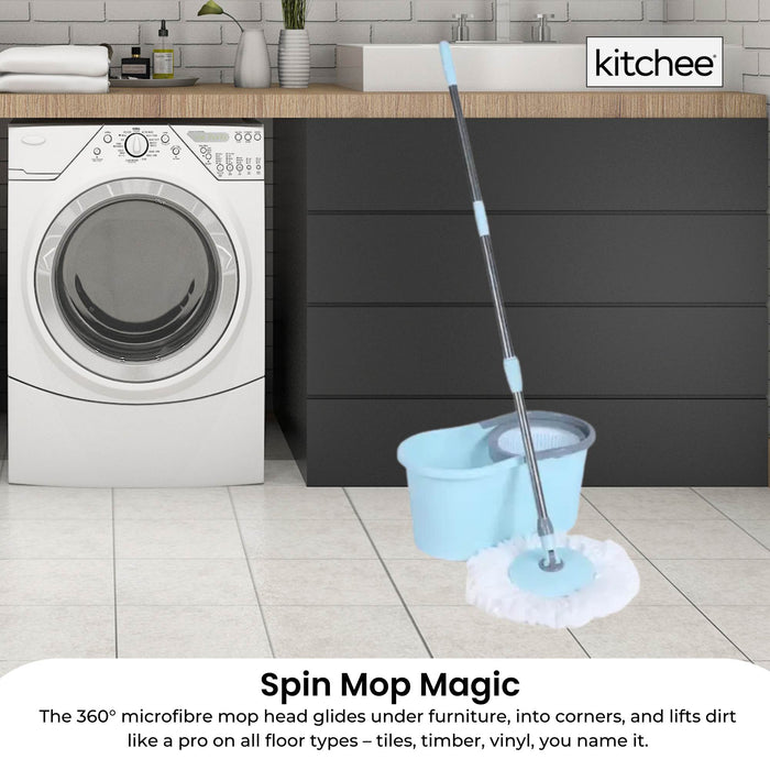Kitchee Spin Mop & Bucket Set â€?Microfibre Pad, Telescopic Handle, 10L Capacity