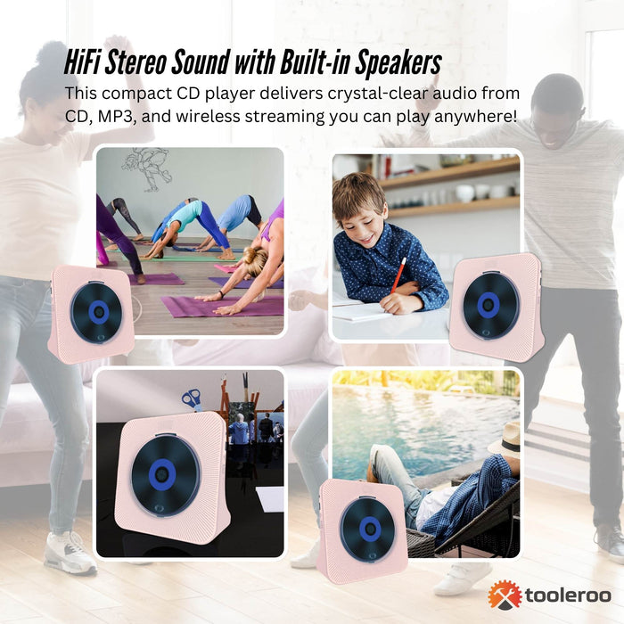 Tooleroo USB Rechargeable Desktop CD Player Speaker â€?Bluetooth Portable Pink