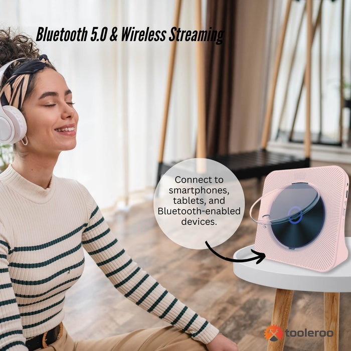 Tooleroo USB Rechargeable Desktop CD Player Speaker â€?Bluetooth Portable Pink