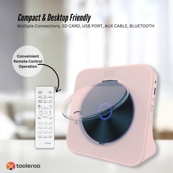 Tooleroo USB Rechargeable Desktop CD Player Speaker â€?Bluetooth Portable Pink