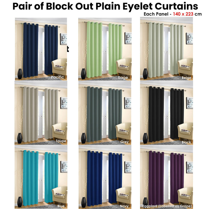 Pair of Blockout Plain Eyelet Curtains Beige 140 x 223cm Window Bedroom Machine Washable