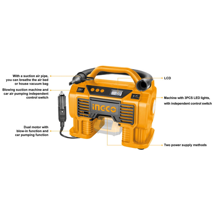 INGCO Air Compressor Car Tyre Deflator Inflator Pump 160PSI Auto Stop & Fittings(no battery and charger)