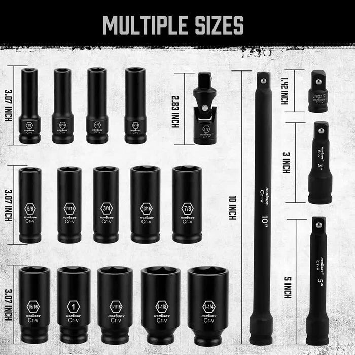 18Pc Deep Impact Socket Set Imperial / SAE Extension Flexible Adaptor 1/2" Drive