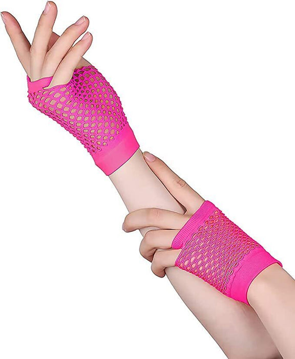 12 Pair Fishnet Gloves Fingerless Wrist Length 70s 80s Costume Party - Hot Pink