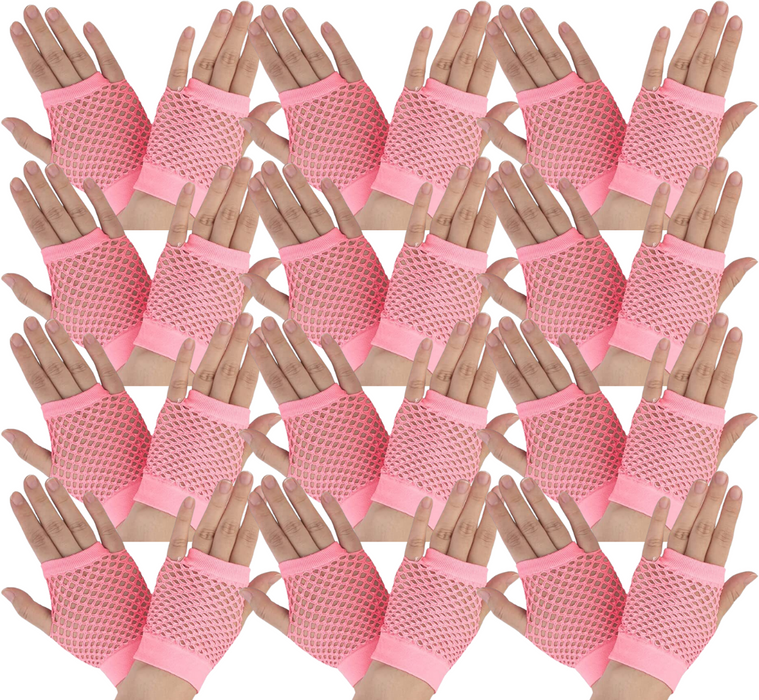 12 Pair Fishnet Gloves Fingerless Wrist Length 70s 80s Costume Party -Light Pink