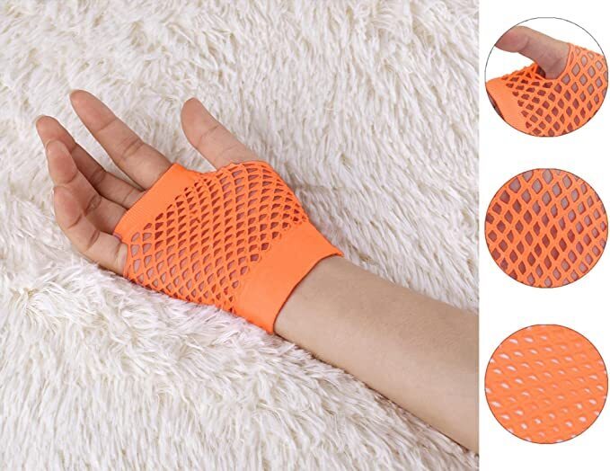 12 Pair Fishnet Gloves Fingerless Wrist Length 70s 80s Costume Party - Orange