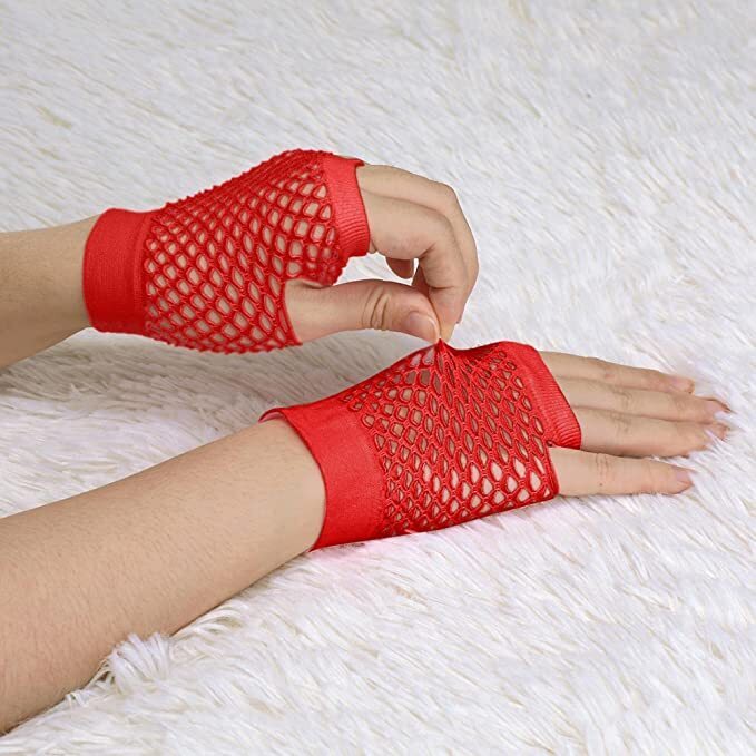 12 Pair Fishnet Gloves Fingerless Wrist Length 70s 80s Costume Party Bulk - Red