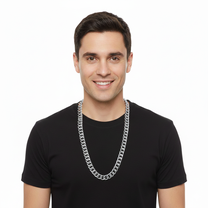 BIG NECKLACE 50cm Pimp Costume Party Fancy Dress Gangster Chain Jewellery - Silver