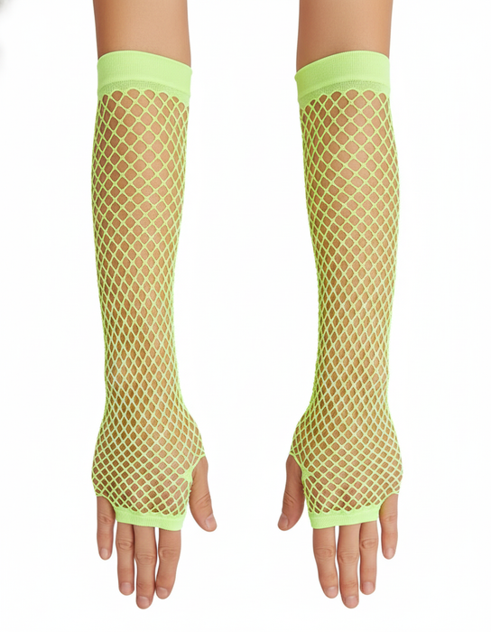 Long Elbow Length Fishnet Gloves Fingerless 70s 80s Womens Costume Party Dance in Fluro Yellow