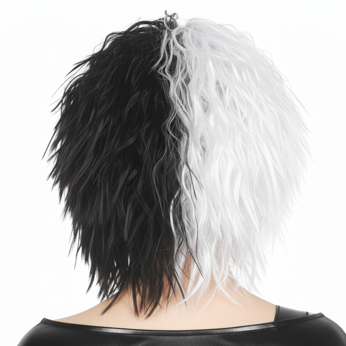 EVIL LADY WIG Messy Curly Hair Costume Dalmatian Villain Fancy Dress Accessory - Black/White