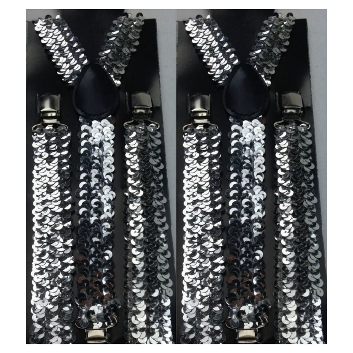 2x Mens Suspenders Braces Adjustable Strong Clip On Elastic Formal Wedding Slim - Silver (Sequin)