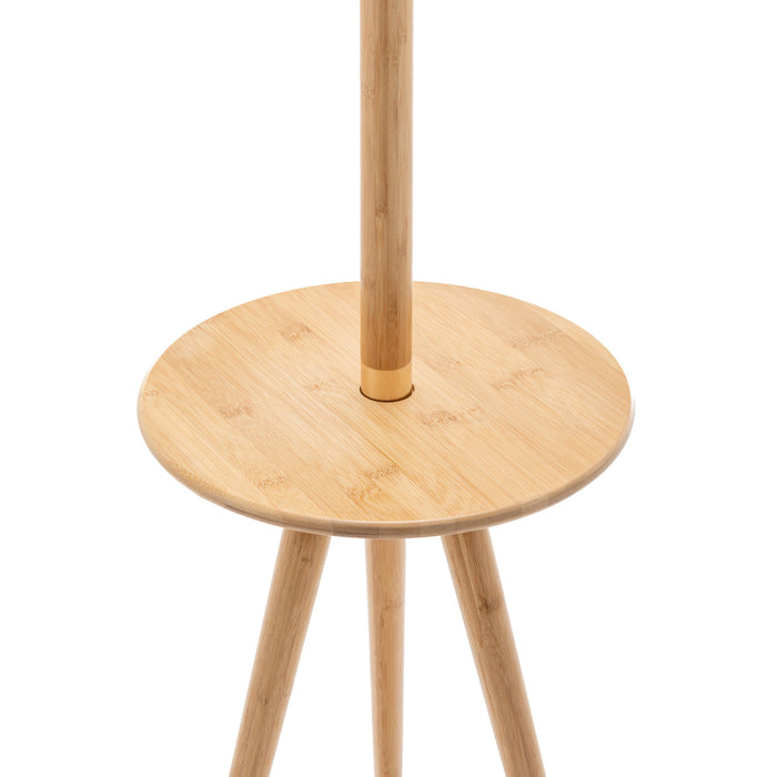 165cm Adjustable Bamboo Tripod Floor Lamp Light with Linen Shade & Built-In Table