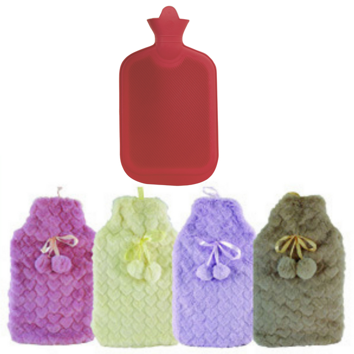 2L HOT WATER BOTTLE with Hearts Fleece Cover Winter Warm Natural Rubber Bag