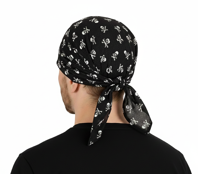 BANDANA Paisley 100% COTTON Head Wrap Durag Bandanna Summer Biker Scarf Mask - Black with White Skulls