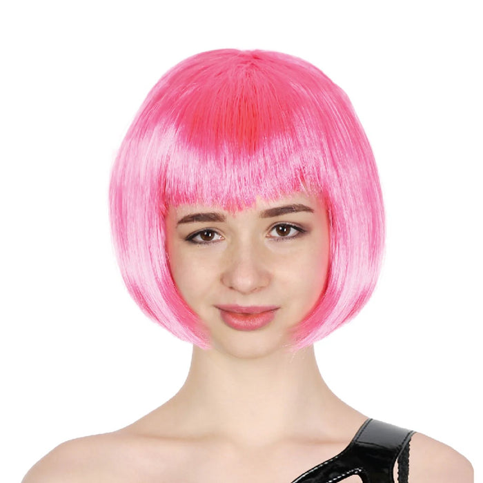 Bob Wig Costume Short Straight Fringe Cosplay Party Full Hair Womens Fancy Dress - Hot Pink