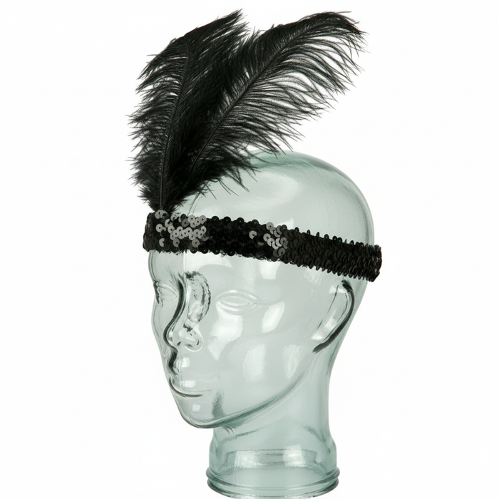 1920s FLAPPER HEADBAND Headpiece Feather Sequin Charleston Costume Gatsby Dance - Black
