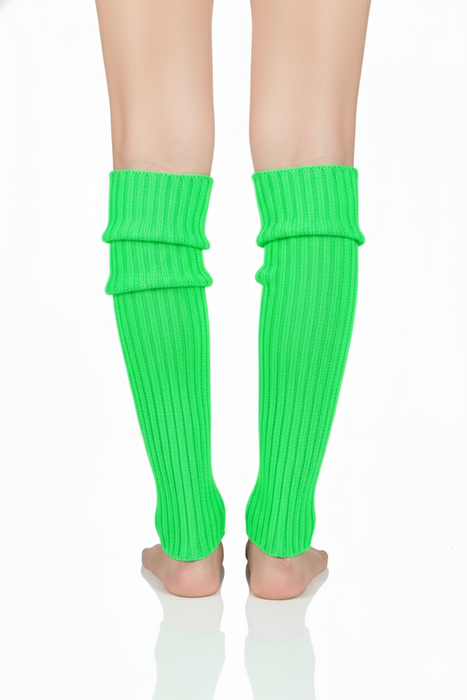 Pair of Womens Leg Warmers Disco Winter Knit Dance Party Crochet Legging Socks Costume - Fluro Green