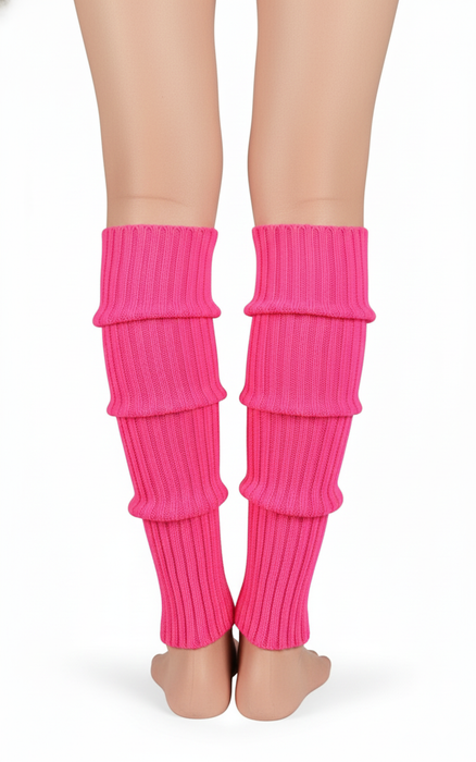 Pair of Womens Leg Warmers Disco Winter Knit Dance Party Crochet Legging Socks Costume - Hot Pink