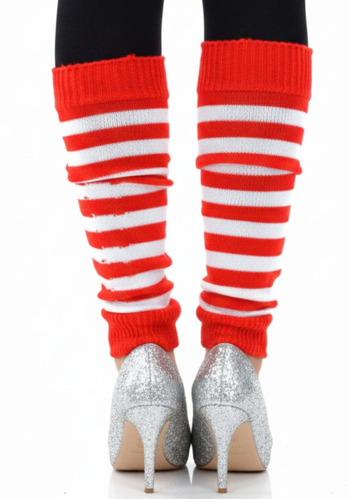 Pair of Womens Leg Warmers Disco Winter Knit Dance Party Crochet Legging Socks Costume - Red/White Stripe